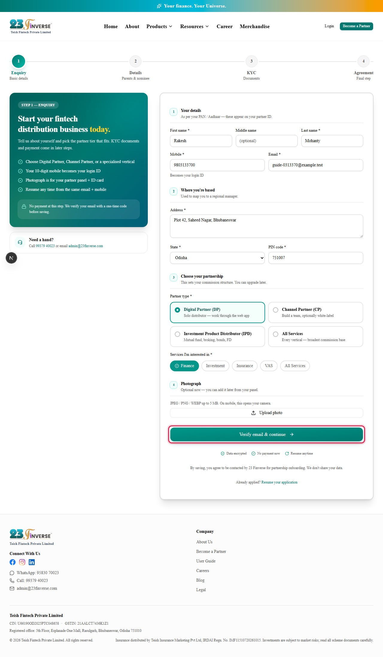 Step 1 of the application form, filled in