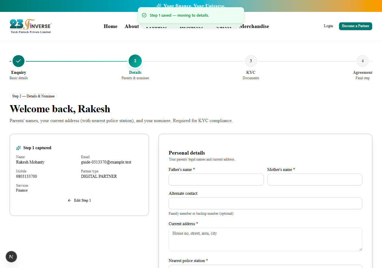 Step 2 asking for parent details and a nominee