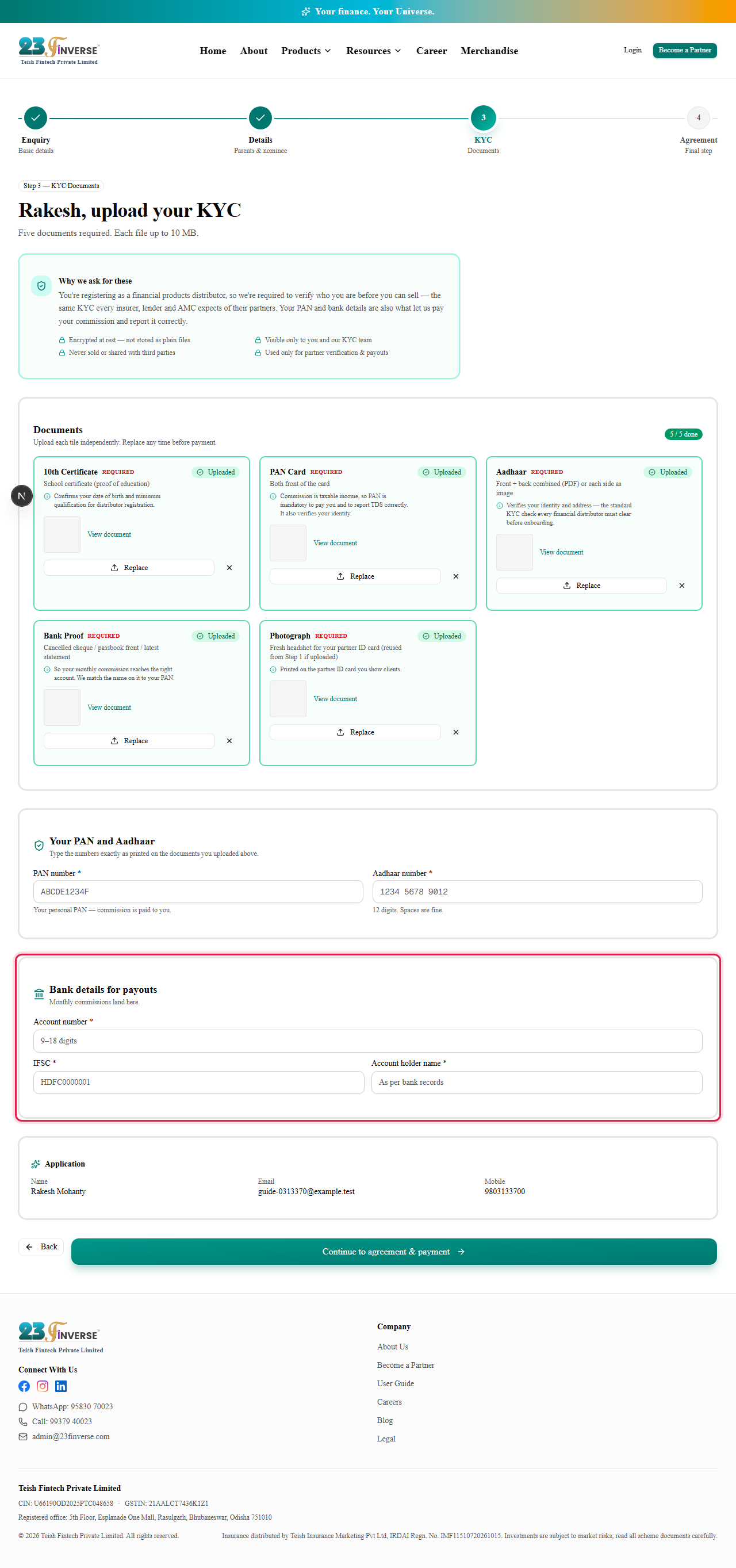 All five documents uploaded and bank details entered