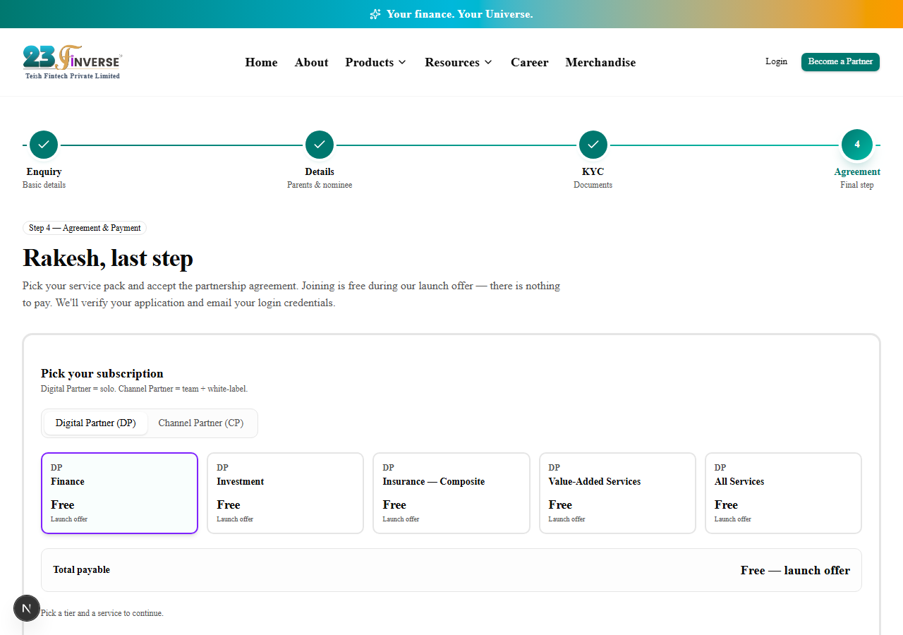 Step 4 showing the subscription plan and agreement